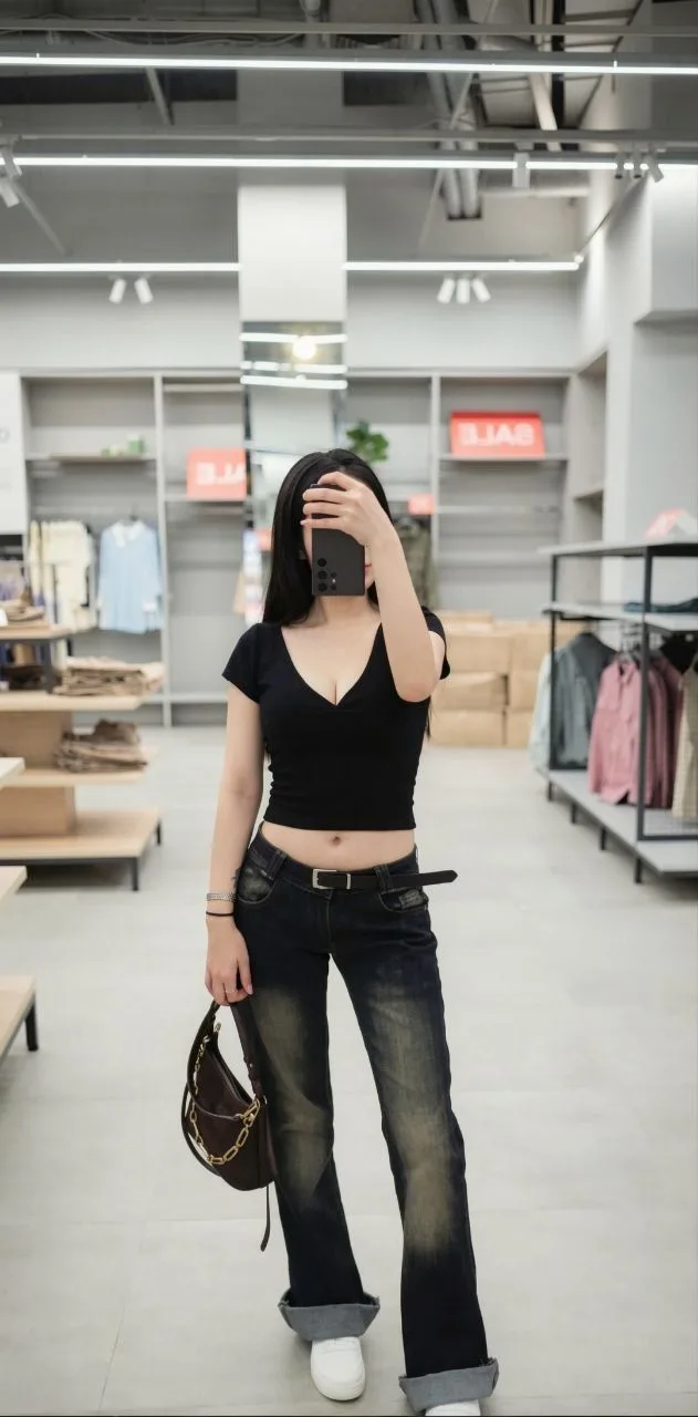 옷 가게에서 휴대폰으로 거울 셀카를 찍는 미나
